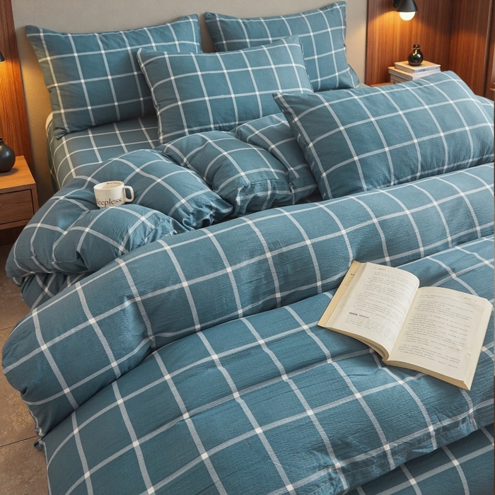 91家纺网 家纺一手货源 找家纺 友承家纺 2026最新款水洗棉无印风双层纱木棉四件套被套床单卧室床上用品学生宿舍被罩三件套床单枕套 米莱灰