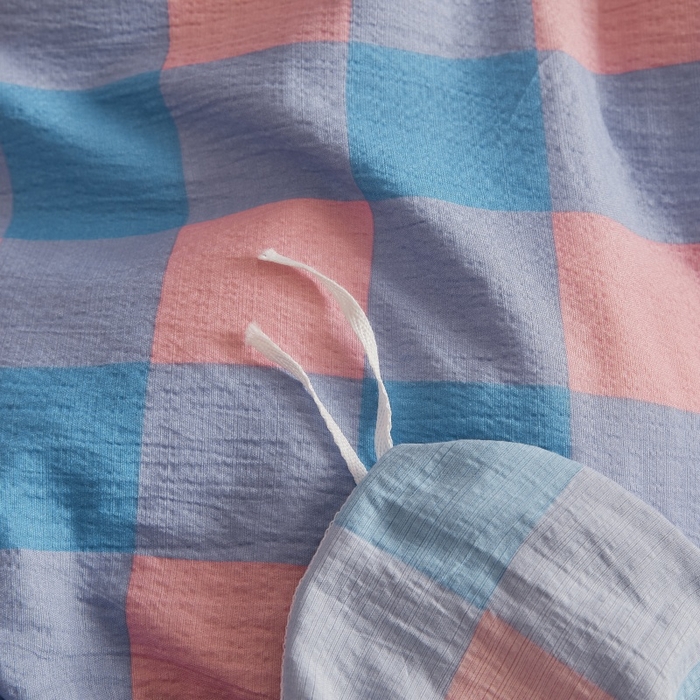 91家纺网 家纺一手货源 找家纺 友承家纺 2026最新款水洗棉无印风双层纱木棉四件套被套床单卧室床上用品学生宿舍被罩三件套床单枕套 蓝彩格