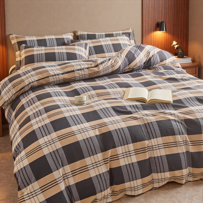 91家纺网 家纺一手货源 找家纺 友承家纺 2026最新款水洗棉无印风双层纱木棉四件套被套床单卧室床上用品学生宿舍被罩三件套床单枕套 蓝调