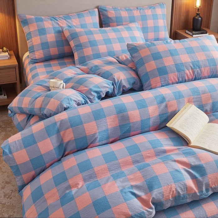 91家纺网 家纺一手货源 找家纺 友承家纺 2026最新款水洗棉无印风双层纱木棉四件套被套床单卧室床上用品学生宿舍被罩三件套床单枕套 蓝彩格