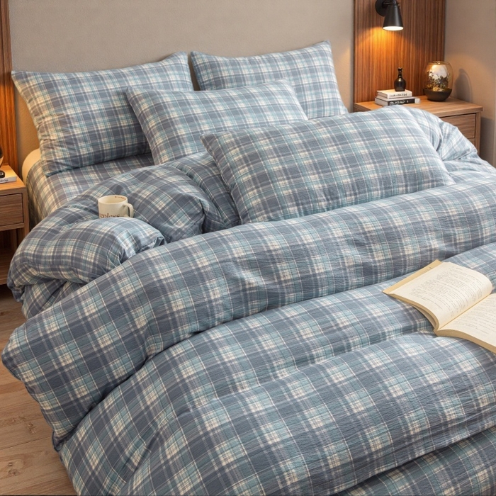 91家纺网 家纺一手货源 找家纺 友承家纺 2026最新款水洗棉无印风双层纱木棉四件套被套床单卧室床上用品学生宿舍被罩三件套床单枕套 蓝小格