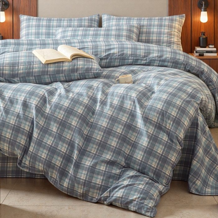 91家纺网 家纺一手货源 找家纺 友承家纺 2026最新款水洗棉无印风双层纱木棉四件套被套床单卧室床上用品学生宿舍被罩三件套床单枕套 蓝小格