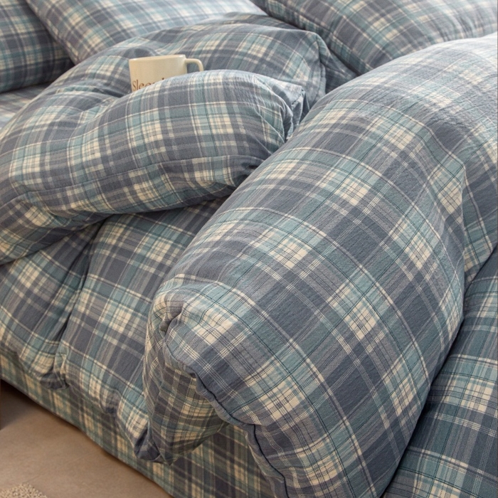 91家纺网 家纺一手货源 找家纺 友承家纺 2026最新款水洗棉无印风双层纱木棉四件套被套床单卧室床上用品学生宿舍被罩三件套床单枕套 蓝小格