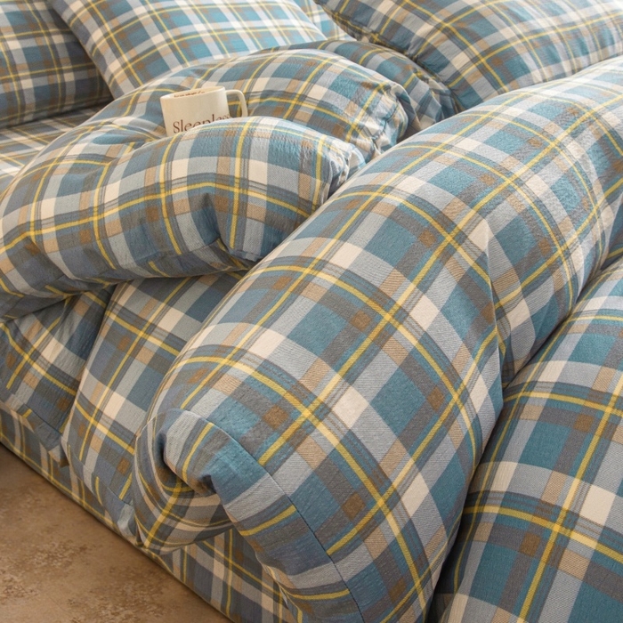 91家纺网 家纺一手货源 找家纺 友承家纺 2026最新款水洗棉无印风双层纱木棉四件套被套床单卧室床上用品学生宿舍被罩三件套床单枕套 无印蓝