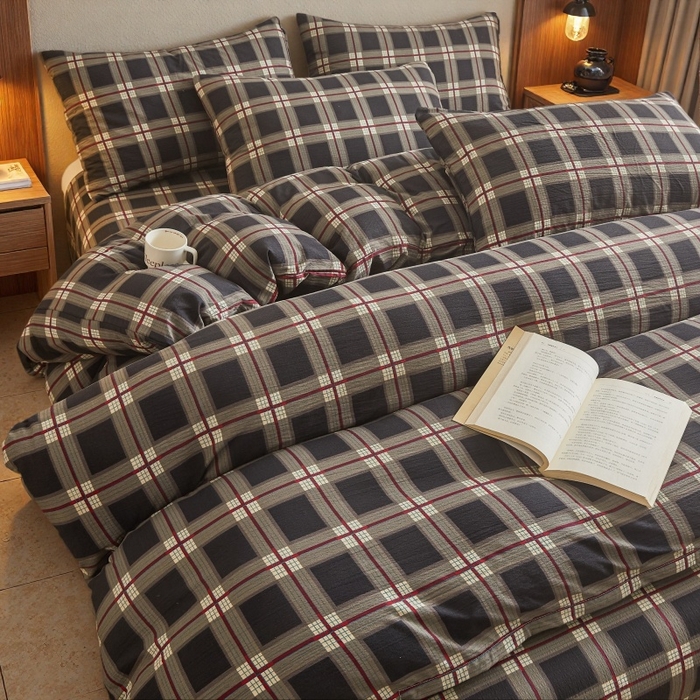 91家纺网 家纺一手货源 找家纺 友承家纺 2026最新款水洗棉无印风双层纱木棉四件套被套床单卧室床上用品学生宿舍被罩三件套床单枕套 英伦格