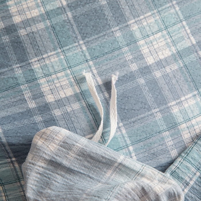 91家纺网 家纺一手货源 找家纺 友承家纺 2026最新款水洗棉无印风双层纱木棉四件套被套床单卧室床上用品学生宿舍被罩三件套床单枕套 蓝小格