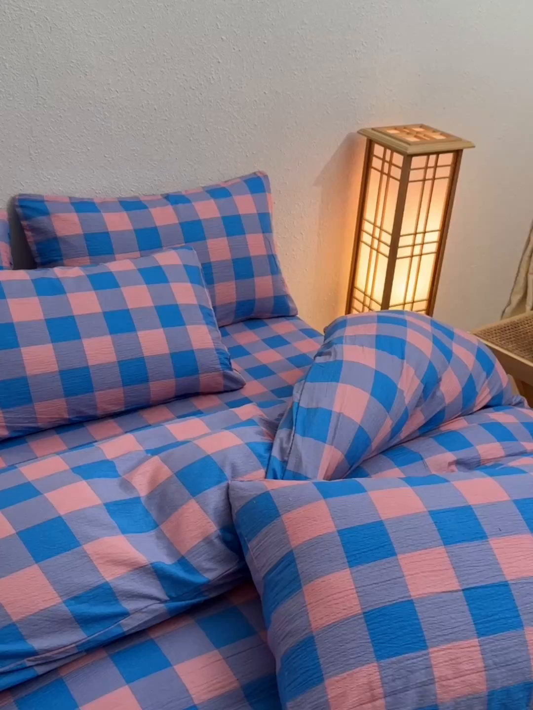 91家纺网 家纺一手货源 找家纺 友承家纺 2026最新款水洗棉无印风双层纱木棉四件套被套床单卧室床上用品学生宿舍被罩三件套床单枕套 蓝彩格