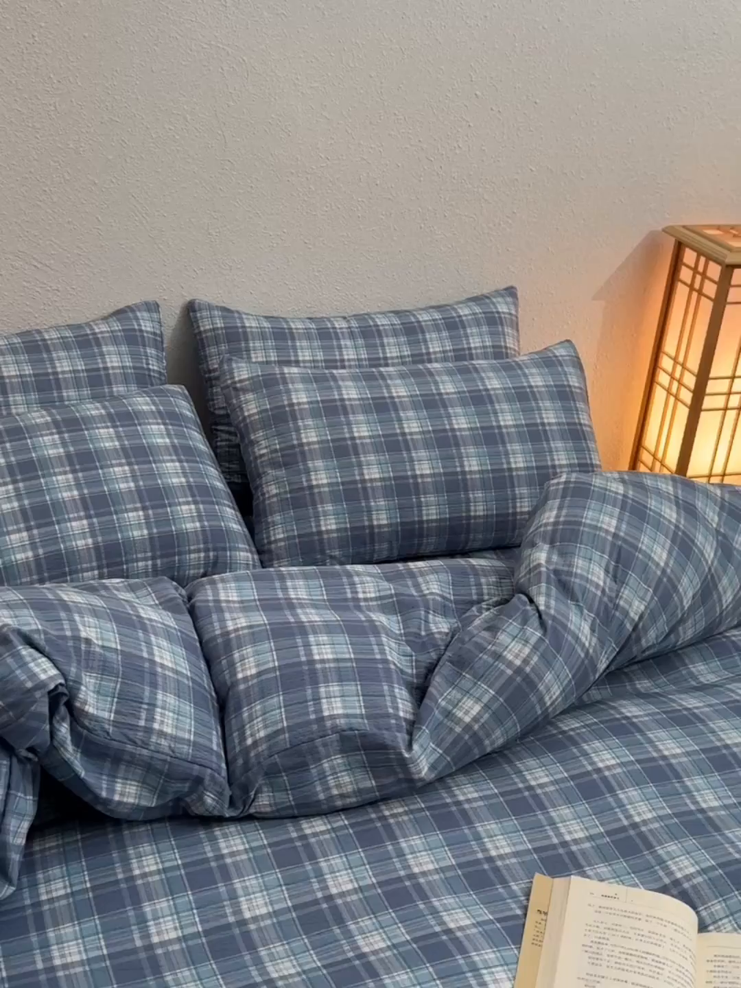 91家纺网 家纺一手货源 找家纺 友承家纺 2026最新款水洗棉无印风双层纱木棉四件套被套床单卧室床上用品学生宿舍被罩三件套床单枕套 无印蓝