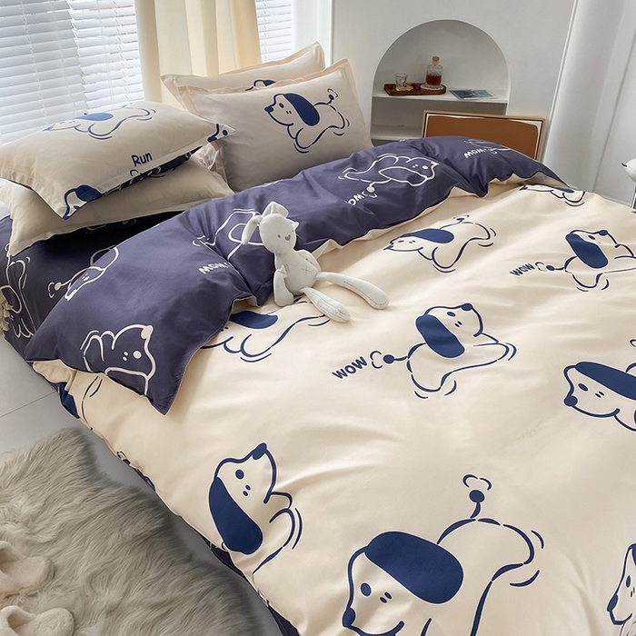 友承家纺 2026新款床上用品磨毛水洗棉四件套被单被套学生宿舍单人三件套被罩单件四季通用 欢乐狗米