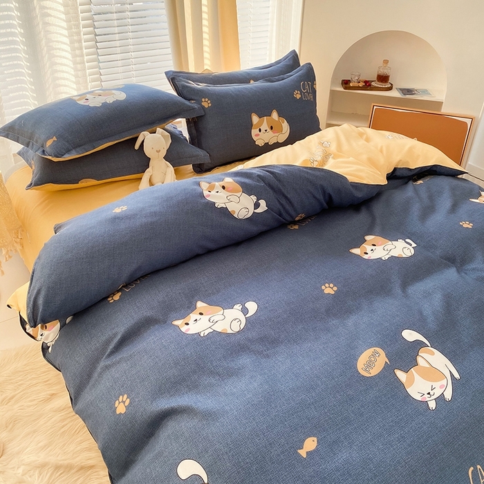 91家纺网 家纺一手货源 找家纺 友承家纺 2026新款床上用品磨毛水洗棉四件套被单被套学生宿舍单人三件套被罩单件四季通用 淘气猫兰