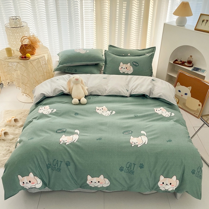 91家纺网 家纺一手货源 找家纺 友承家纺 2026新款床上用品磨毛水洗棉四件套被单被套学生宿舍单人三件套被罩单件四季通用 淘气猫绿