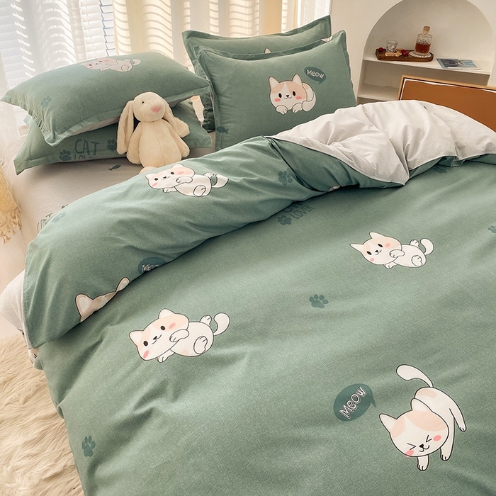 91家纺网 家纺一手货源 找家纺 友承家纺 2026新款床上用品磨毛水洗棉四件套被单被套学生宿舍单人三件套被罩单件四季通用 淘气猫绿