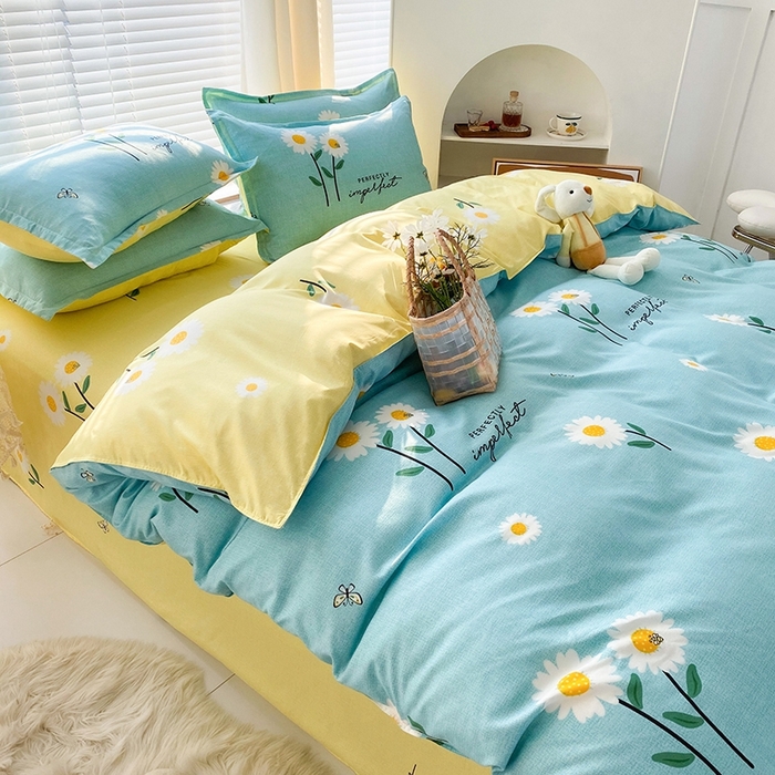 友承家纺 2026新款床上用品磨毛水洗棉四件套被单被套学生宿舍单人三件套被罩单件四季通用 网红雏菊兰