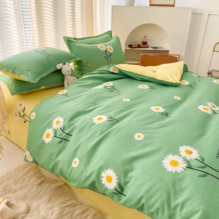 91家纺网 家纺一手货源 找家纺 友承家纺 2026新款床上用品磨毛水洗棉四件套被单被套学生宿舍单人三件套被罩单件四季通用 网红雏菊绿