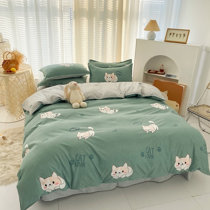 91家纺网 家纺一手货源 找家纺 友承家纺 2026年新款床上用品学生宿舍套件亲肤磨毛单件被套150x180x220cm芦荟棉被罩200x230 淘气猫绿