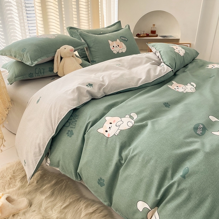 91家纺网 家纺一手货源 找家纺 友承家纺 2026年新款床上用品学生宿舍套件亲肤磨毛单件被套150x180x220cm芦荟棉被罩200x230 淘气猫绿