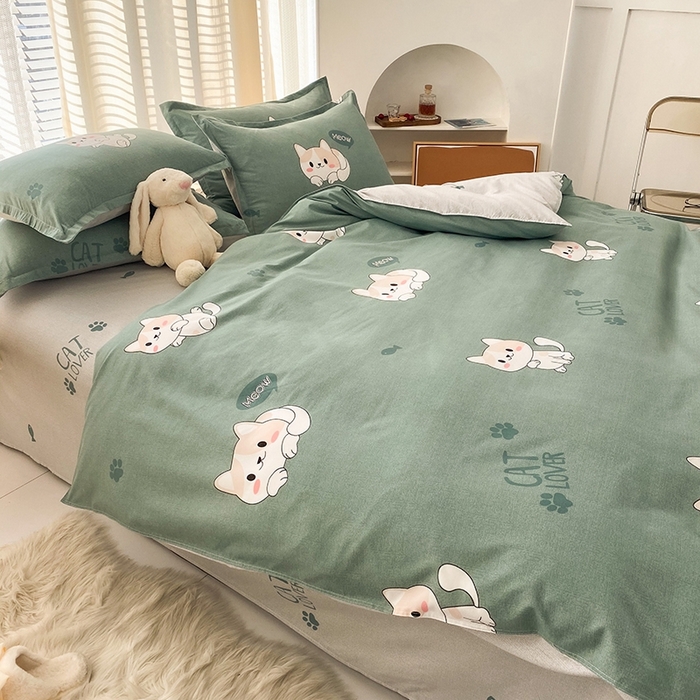 91家纺网 家纺一手货源 找家纺 友承家纺 2026年新款床上用品学生宿舍套件亲肤磨毛单件被套150x180x220cm芦荟棉被罩200x230 淘气猫绿