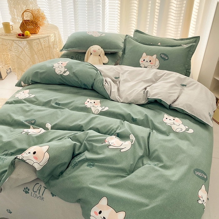 91家纺网 家纺一手货源 找家纺 友承家纺 2026年新款床上用品学生宿舍套件亲肤磨毛单件被套150x180x220cm芦荟棉被罩200x230 淘气猫绿