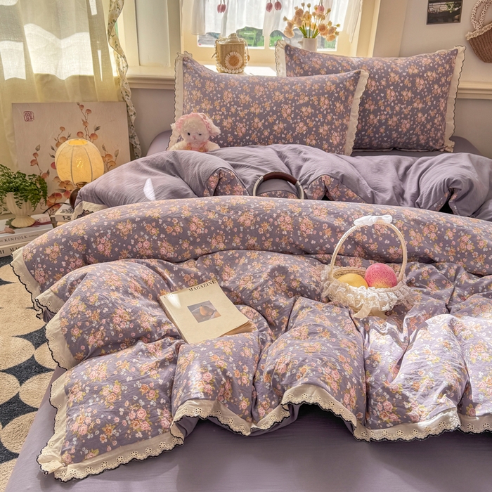 91家纺网 家纺一手货源 找家纺 一比一家纺 2026新款A类仿棉古法水洗棉法式全棉花边四件套 梦露