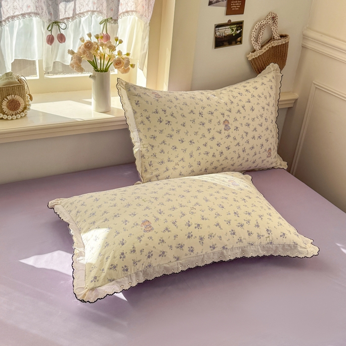 91家纺网 家纺一手货源 找家纺 一比一家纺 2026新款A类仿棉古法水洗棉法式全棉花边四件套 花田兔