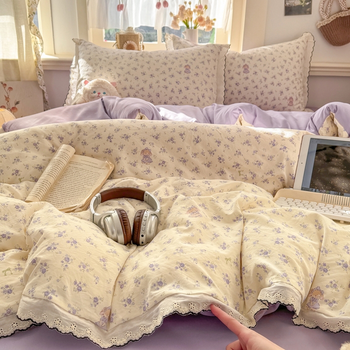 91家纺网 家纺一手货源 找家纺 一比一家纺 2026新款A类仿棉古法水洗棉法式全棉花边四件套 花田兔