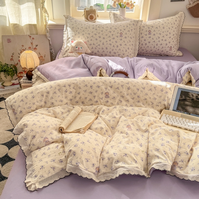 91家纺网 家纺一手货源 找家纺 一比一家纺 2026新款A类仿棉古法水洗棉法式全棉花边四件套 花田兔