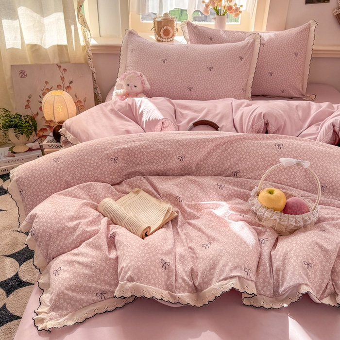 91家纺网 家纺一手货源 找家纺 一比一家纺 2026新款A类仿棉古法水洗棉法式全棉花边四件套 梦华录