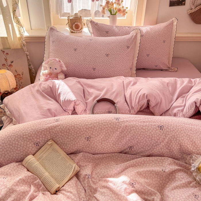 91家纺网 家纺一手货源 找家纺 一比一家纺 2026新款A类仿棉古法水洗棉法式全棉花边四件套 梦华录