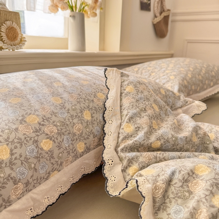 91家纺网 家纺一手货源 找家纺 一比一家纺 2026新款A类仿棉古法水洗棉法式全棉花边四件套 森屿