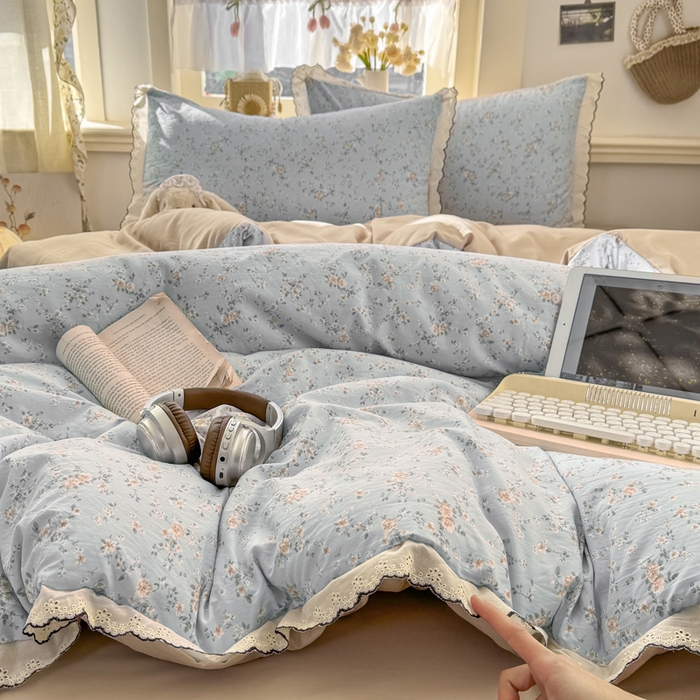 91家纺网 家纺一手货源 找家纺 一比一家纺 2026新款A类仿棉古法水洗棉法式全棉花边四件套 赛琳娜