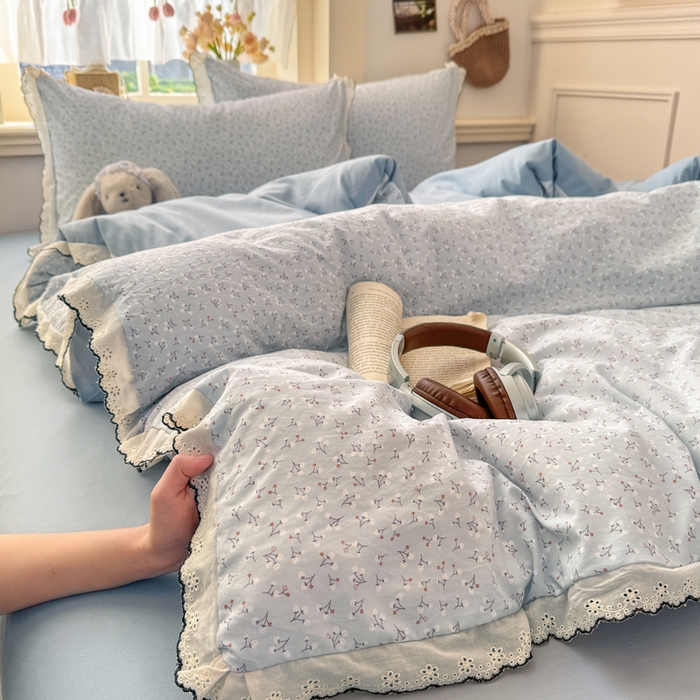 一比一家纺 2026新款A类仿棉古法水洗棉法式全棉花边四件套 小幸运-蓝