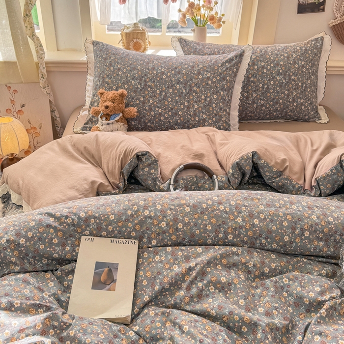 91家纺网 家纺一手货源 找家纺 一比一家纺 2026新款A类仿棉古法水洗棉法式全棉花边四件套 絮语