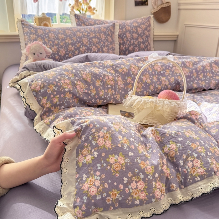 一比一家纺 2026新款A类仿棉古法水洗棉法式全棉花边四件套 梦露