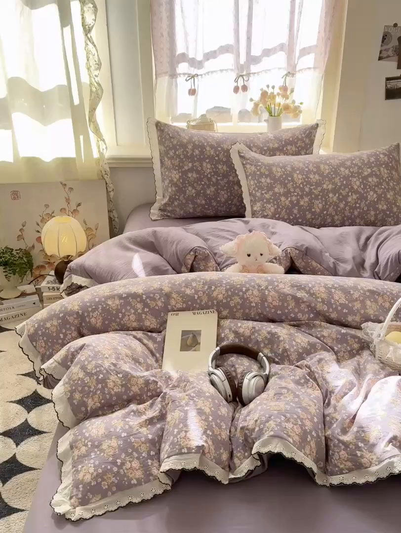 91家纺网 家纺一手货源 找家纺 一比一家纺 2026新款A类仿棉古法水洗棉法式全棉花边四件套 梦露