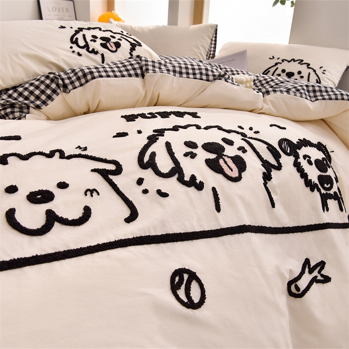 91家纺网 家纺一手货源 找家纺 炫拼家纺 2026新款多巴胺系列A类全棉40支水洗棉卡通毛巾绣四件套 多巴胺-潦草小狗