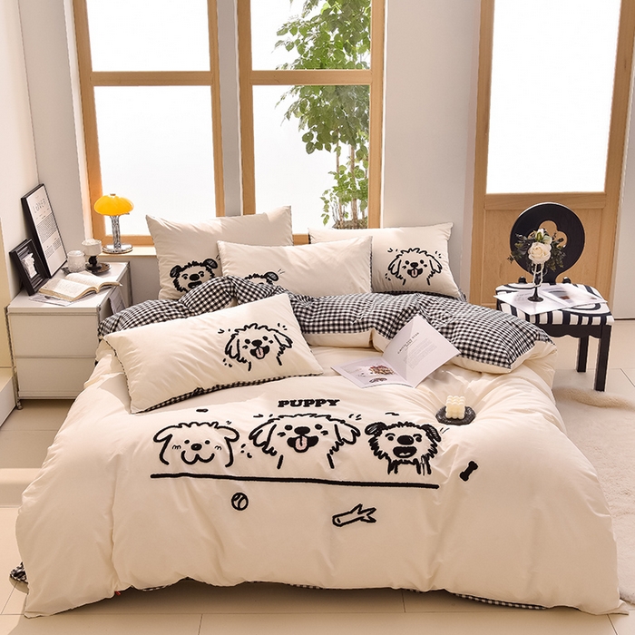 91家纺网 家纺一手货源 找家纺 炫拼家纺 2026新款多巴胺系列A类全棉40支水洗棉卡通毛巾绣四件套 多巴胺-潦草小狗