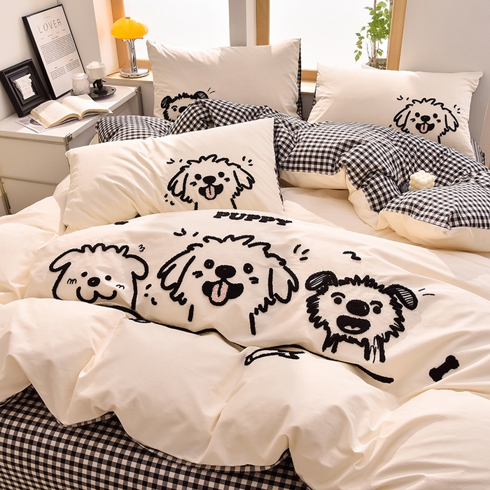 91家纺网 家纺一手货源 找家纺 炫拼家纺 2026新款多巴胺系列A类全棉40支水洗棉卡通毛巾绣四件套 多巴胺-潦草小狗