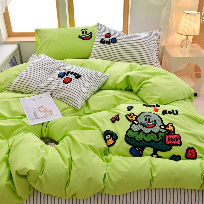 91家纺网 家纺一手货源 找家纺 炫拼家纺 2026新款多巴胺系列A类全棉40支水洗棉卡通毛巾绣四件套 多巴胺-酷仔小树