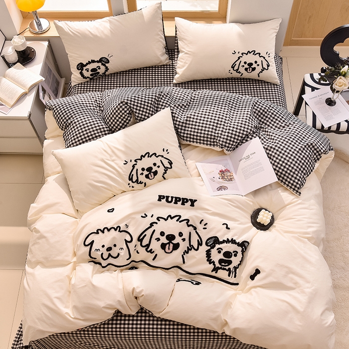 91家纺网 家纺一手货源 找家纺 炫拼家纺 2026新款多巴胺系列A类全棉40支水洗棉卡通毛巾绣四件套 多巴胺-潦草小狗