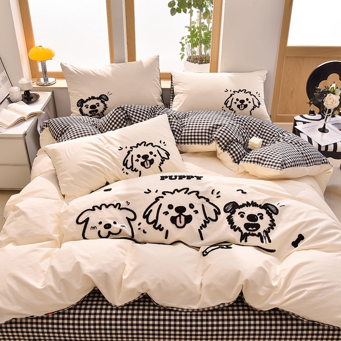 91家纺网 家纺一手货源 找家纺 炫拼家纺 2026新款多巴胺系列A类全棉40支水洗棉卡通毛巾绣四件套 多巴胺-潦草小狗