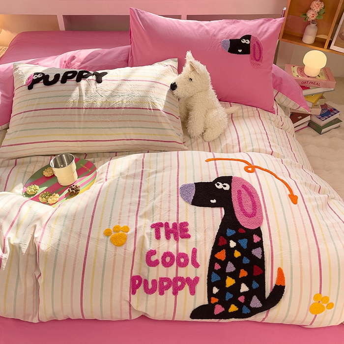 91家纺网 家纺一手货源 找家纺 炫拼家纺 2026新款多巴胺系列A类全棉40支水洗棉卡通毛巾绣四件套 多巴胺一彩色狗