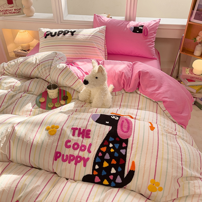 炫拼家纺 2026新款多巴胺系列A类全棉40支水洗棉卡通毛巾绣四件套 多巴胺一彩色狗