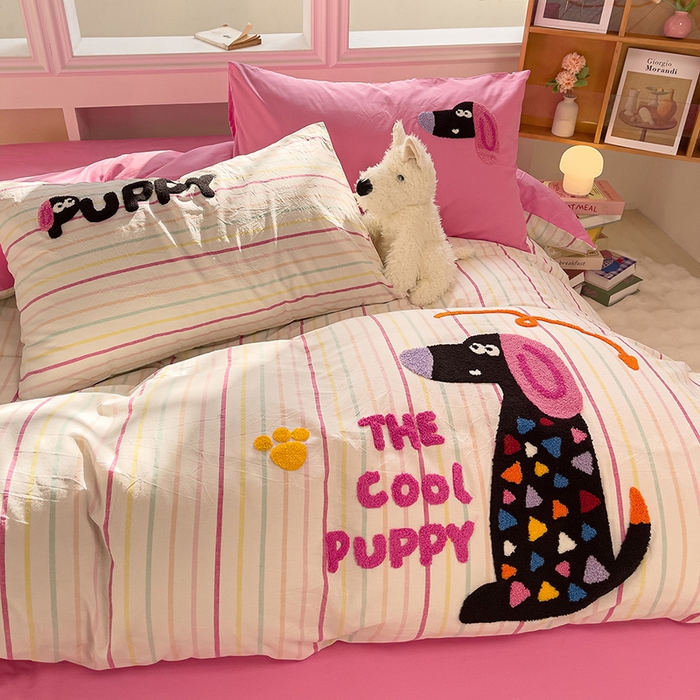 91家纺网 家纺一手货源 找家纺 炫拼家纺 2026新款多巴胺系列A类全棉40支水洗棉卡通毛巾绣四件套 多巴胺一彩色狗