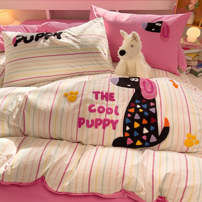 91家纺网 家纺一手货源 找家纺 炫拼家纺 2026新款多巴胺系列A类全棉40支水洗棉卡通毛巾绣四件套 多巴胺一彩色狗