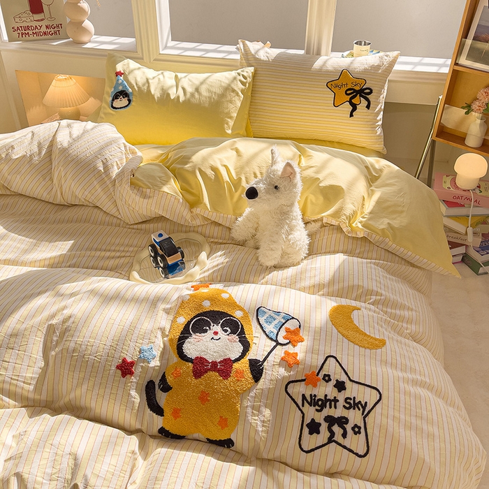 91家纺网 家纺一手货源 找家纺 炫拼家纺 2026新款多巴胺系列A类全棉40支水洗棉卡通毛巾绣四件套 多巴胺-星星猫