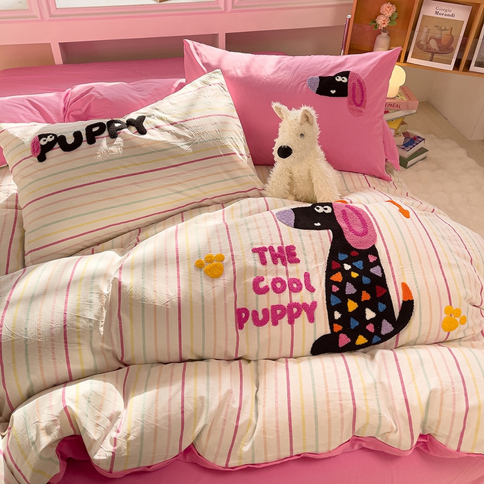 91家纺网 家纺一手货源 找家纺 炫拼家纺 2026新款多巴胺系列A类全棉40支水洗棉卡通毛巾绣四件套 多巴胺一彩色狗