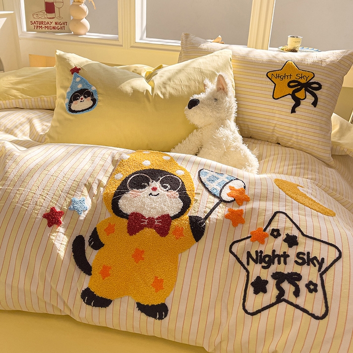 炫拼家纺 2026新款多巴胺系列A类全棉40支水洗棉卡通毛巾绣四件套 多巴胺-星星猫