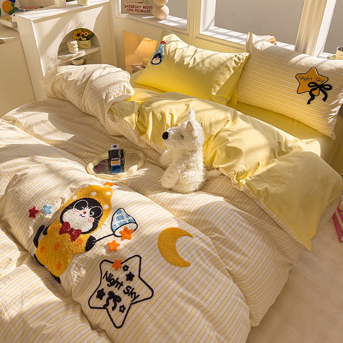 91家纺网 家纺一手货源 找家纺 炫拼家纺 2026新款多巴胺系列A类全棉40支水洗棉卡通毛巾绣四件套 多巴胺-星星猫