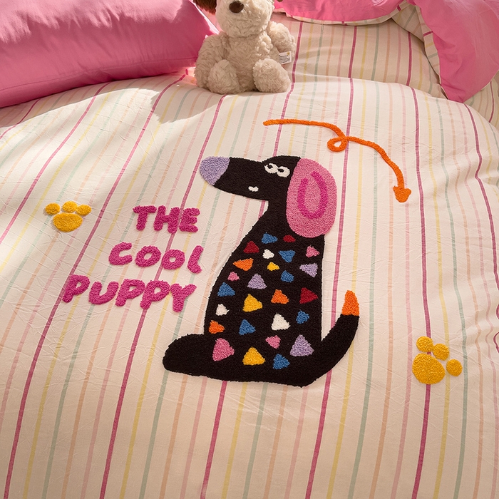 91家纺网 家纺一手货源 找家纺 炫拼家纺 2026新款多巴胺系列A类全棉40支水洗棉卡通毛巾绣四件套 多巴胺一彩色狗