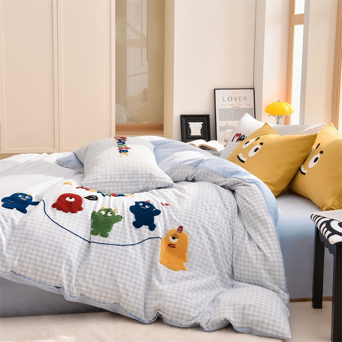 91家纺网 家纺一手货源 找家纺 炫拼家纺 2026新款多巴胺系列A类全棉40支水洗棉卡通毛巾绣四件套 多巴胺-一起嗨